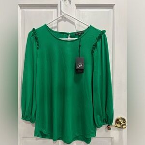 ADRIANNA PAPELL NWT Green Long Sleeve Ruffled Blouse Keyhole Back SIZE MEDIUM